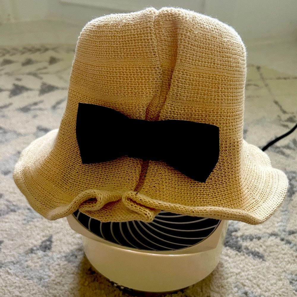 Light Tan Bucket Hat with Black Bow.
